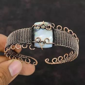 Черный перламутровый браслет, браслет-манжета из медной проволоки, браслет-манжета с драгоценным камнем, регулируемый браслет, браслет ручной работы, подарок для него, ювелирные изделия из медной проволоки