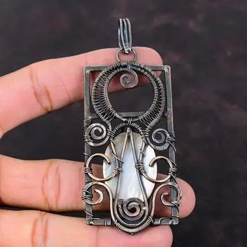 Черный перламутровый кулон, кулон из медной проволоки, медные украшения, кулон с драгоценным камнем, подарок для женщин, кулон ручной работы, ювелирные изделия из проволочной обмотки