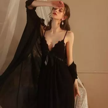 Черный пижамный комплект, женская сексуальная пижама с V-образным вырезом, с открытой спиной, с подтяжками, длинный пижамный халат One size