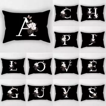 Черный полиэстеровый чехол для диванной подушки, белый чехол для подушки с буквами алфавита 30x50 см, наволочка с цветком и бабочкой, двухсторонний декор 30x50cm