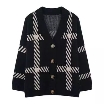 Черный полосатый вязаный кардиган женский осенний новый корейский вариант свободный и ленивый стиль простой и универсальный свитер куртка One size чёрный