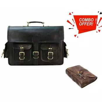 Черный портфель для ноутбука из натуральной козьей кожи ручной работы, офисная сумка через плечо, новый портфель. С комбинированным кожаным дневником 11 x 15 x 4 in чёрный