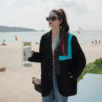 Черный повседневный пиджак женский весна и осень новый свободный костюм контрастного цвета S