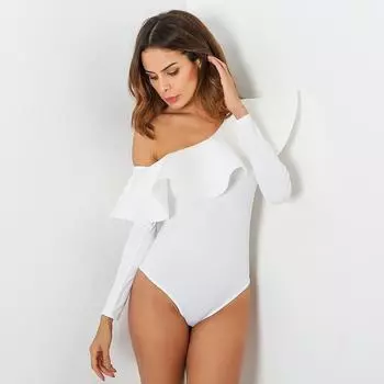 Черный повседневный утягивающий комбинезон с длинными рукавами и отделкой в виде листьев лотоса на одно плечо для женщин S чёрный