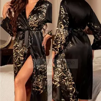 Черный принт с цветочным принтом длинный халат ночная рубашка шелковый атлас женская ночная рубашка весна-лето свободный халат-кимоно домашняя одежда M