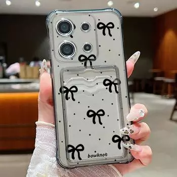 Черный прозрачный чехол с бантом и слотом для карт для Xiaomi 14T 13T Pro Poco F6 Pro X6 C65 Redmi Note 13 Pro 12 11, противоударный мягкий силиконовый бампер Redmi 14C 4G серый