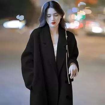 Черный пуховик средней и длинной длины для женщин, зимняя куртка для мужчин, кашемировое шерстяное пальто с подкладкой из кашемира XS is suitable for less than 52.5kg