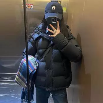 Черный пуховик женский 2024 новый зимний 90 белый утиный пух маленькая утолщенная куртка из слоеного хлеба S чёрный