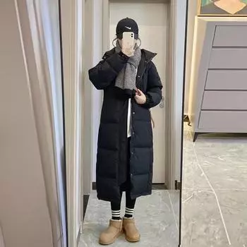 Черный пуховик женский, средний и длинный, выше колена, китайский, утолщенный, белый, утиный пух, длинное пальто XS чёрный