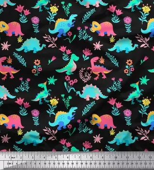 Черный японский креп-сатин Soimoi, детская ткань с принтом цветов астры и динозавра, 42 дюйма на метр 42 Inch Wide - Poly Crepe чёрный