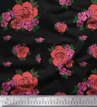 Черный японский креп-сатин Soimoi с принтами на ткани с листьями и розами по метрам 42 дюйма 42 Inch Wide - Poly Crepe зелёный