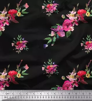 Черный японский креп-сатин Soimoi, ткань с листьями и лютиками с цветочным принтом, длина 42 дюйма на метр 42 Inch Wide - Poly Crepe чёрный