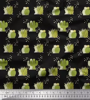 Черный японский креп-сатин Soimoi, ткань с морскими растениями и кактусами, принты по метрам, 42 дюйма 42 Inch Wide - Poly Crepe чёрный