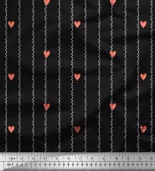Черный японский креп-сатин Soimoi, ткань в народном стиле с принтом в форме сердца и полосок, 42 дюйма по метрам 42 Inch Wide - Poly Crepe чёрный