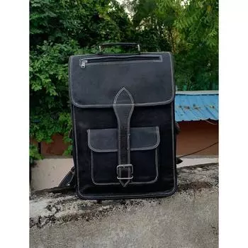 Черный ручной работы из козьей кожи, дорожный повседневный рюкзак для ноутбука, сумка через плечо 12 x 16 x 5 in чёрный