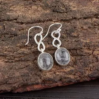 Черный рутил драгоценный камень 925 стерлинговое серебро ювелирные изделия ручной работы свисающие серьги 1,60 EE-12-26