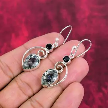 Черный рутил, серьги с черной шпинелью, драгоценные камни, серьги ручной работы из цельного серебра 925 пробы, ювелирные изделия последнего дизайна 1.97 Inches чёрный