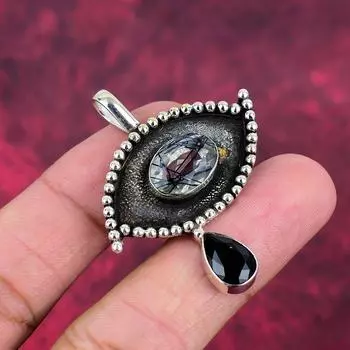 Черный рутил, танзанит ювелирные изделия, 925 цельное серебро кулон с драгоценным камнем, кулон ручной работы, на День памяти 1.96 Inches чёрный
