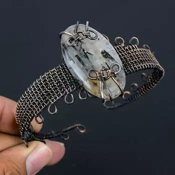 Черный рутиловый драгоценный камень из чистой медной проволоки, завернутый в манжеты/браслет ручной работы, ювелирные изделия для нее Adjustable чёрный