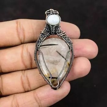 Черный рутиловый драгоценный камень кулон, медная проволока, обернутая ювелирными изделиями Черный рутиловый драгоценный камень кулон, радужный лунный камень кулон ручной работы, подарок для матери