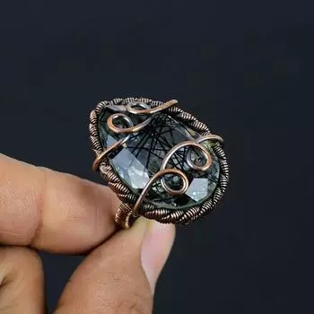 Черный рутиловый драгоценный камень Медная проволока, обернутая ювелирным кольцом ручной работы, подарок для нее 4 чёрный