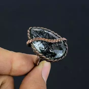 Черный рутиловый драгоценный камень, медная проволока, обернутая ювелирным кольцом ручной работы, подарок для нее, все размеры 4 чёрный
