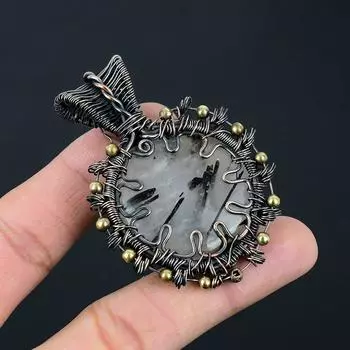 Черный рутиловый драгоценный камень ручной работы из медной проволоки, ювелирный кулон для свадебного подарка 2.60 Inches чёрный