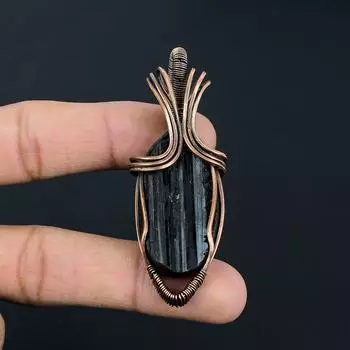 Черный рутиловый драгоценный камень ручной работы из чистой медной проволоки, ювелирный кулон для женщин 2.56 Inches чёрный