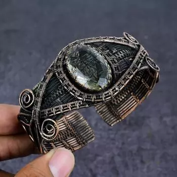 Черный рутиловый драгоценный камень ручной работы из медной проволоки, регулируемый браслет-манжета U5t98