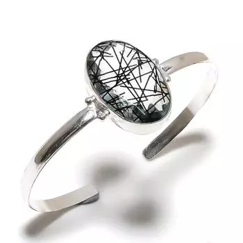 Черный рутиловый драгоценный камень ручной работы из стерлингового серебра 925 пробы, регулируемый браслет n8J01