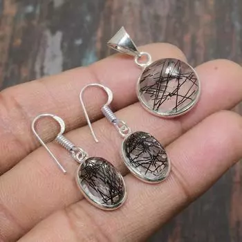 Черный рутиловый драгоценный камень, стерлинговое серебро 925 пробы, подвеска ручной работы + серьги, комплект ювелирных изделий для женщин чёрный