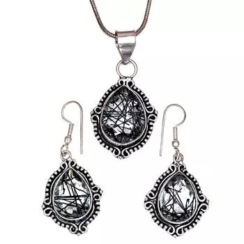 Черный рутиловый комплект подвеска ювелирные изделия серьги 18-20 драгоценный камень ручная работа