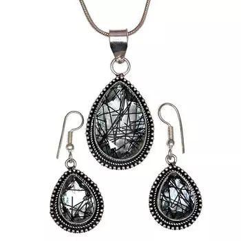 Черный рутиловый комплект подвеска ювелирные изделия серьги 18-20 драгоценный камень ручная работа