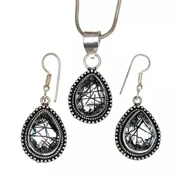 Черный рутиловый комплект подвеска ювелирные изделия серьги 18-20 драгоценный камень ручная работа