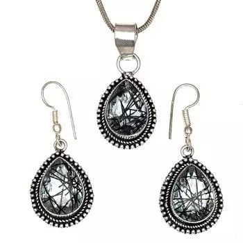 Черный рутиловый комплект подвеска ювелирные изделия серьги 18-20 драгоценный камень ручная работа