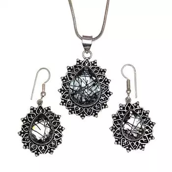 Черный рутиловый комплект подвеска ювелирные изделия серьги 18-20 драгоценный камень ручная работа