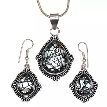 Черный рутиловый комплект подвеска ювелирные изделия серьги 18-20 драгоценный камень ручная работа