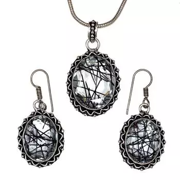 Черный рутиловый комплект подвеска ювелирные изделия серьги 18-20 драгоценный камень ручная работа