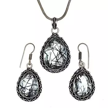 Черный рутиловый комплект подвеска ювелирные изделия серьги 18-20 драгоценный камень ручная работа