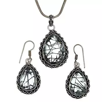 Черный рутиловый комплект подвеска ювелирные изделия серьги 18-20 драгоценный камень ручная работа