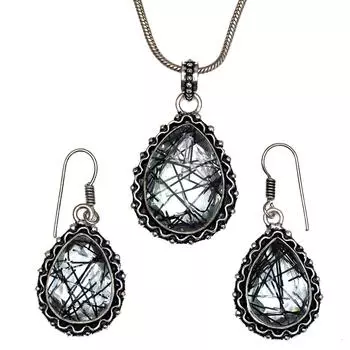 Черный рутиловый комплект подвеска ювелирные изделия серьги 18-20 драгоценный камень ручная работа