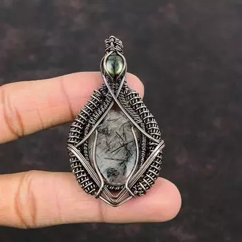 Черный рутиловый кулон, медная проволока, обернутая драгоценным камнем, антикварная медная бижутерия, лабрадоритовый кулон, ручная работа, проволочная бижутерия для подарка