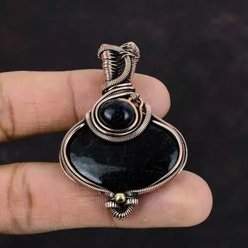 Черный рутиловый кулон, медная проволока, обернутая драгоценным камнем, проволочная обертка, бижутерия, подвеска из синего солнечного камня, подвеска ручной работы, медные украшения для подарка