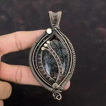 Черный рутиловый кулон, медная проволока, обернутая вручную, дизайнерское медное украшение, кулон с настоящим драгоценным камнем, помолвочный подарок, проволочная обертка, ювелирные изделия