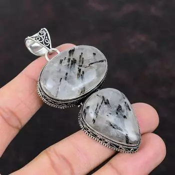 Черный рутиловый кулон. Подвеска из драгоценного камня. Стильный кулон. Подвеска из стерлингового серебра 925 пробы. Винтажные ювелирные изделия ручной работы. Подвеска в стиле бохо. Женский специальный подарок.