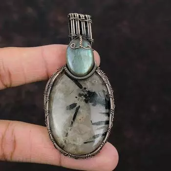 Черный рутиловый кулон с драгоценным камнем, кулон из медной проволоки, черные ювелирные изделия с рутилом, кулон из лабрадорита, кулон ручной работы, медные украшения для подарка