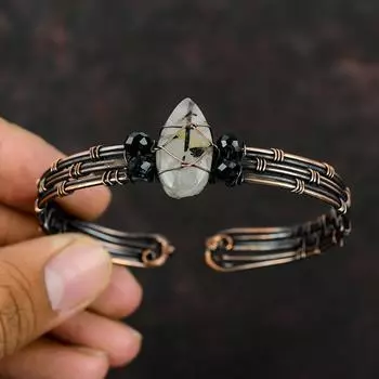 Черный рутиловый медный браслет-манжета, черные бусины из оникса, манжета из медной проволоки, обернутая в бижутерию, регулируемый браслет, драгоценный камень, медный браслет-манжета ручной работы