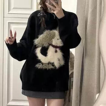 Черный щенок жаккардовый свитер женский осень и зима повседневный свободный крой пуловер основа вязаный свитер верх S чёрный