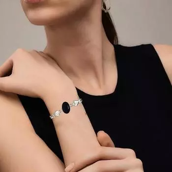 Черный серебряный браслет из оникса, манжета из стерлингового драгоценного камня, ручная работа, винтажное серебро