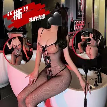 Черный сетчатый боди-комбинация с открытой промежностью и прозрачными сетчатыми чулками One Size